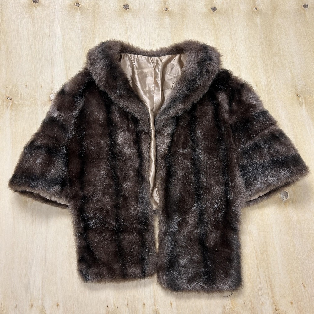 Vintage Glenoit Fur Jacket Womens Small Brown Short Sleeve Collared Lined USA